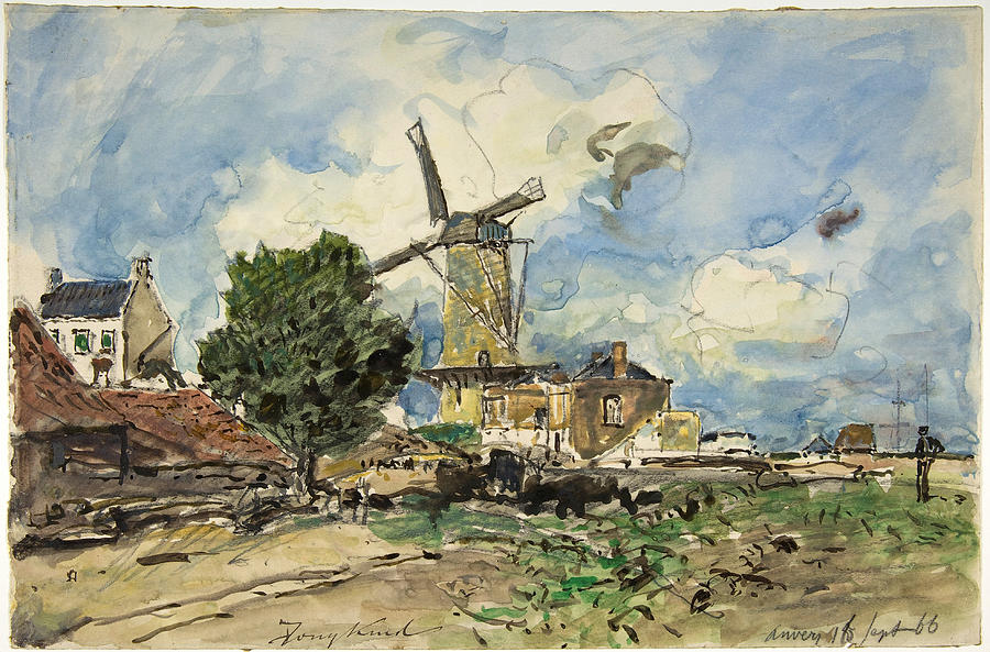 Wind Mill at Antwerp Drawing by Johan Barthold Jongkind