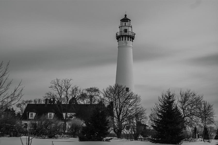 Wind Point Light - Winter black and white Photograph by Deb Beausoleil