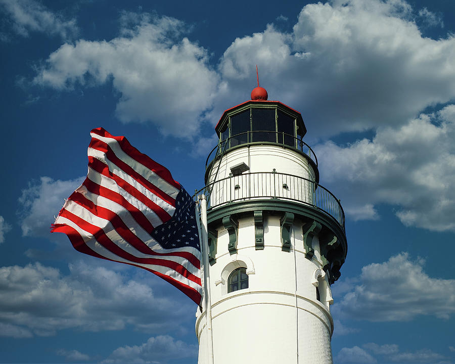 Wind Point Lighthouse Flag Photograph by Scott Olsen