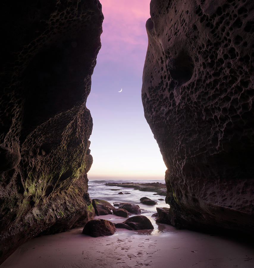 Windansea Moonset Between Cliffs Photograph by William Dunigan