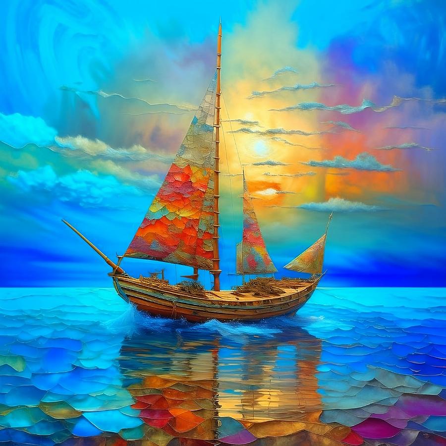 16:9 Painting - Windblown Sailboat in the Luminous Sea by Caleb Ongoro