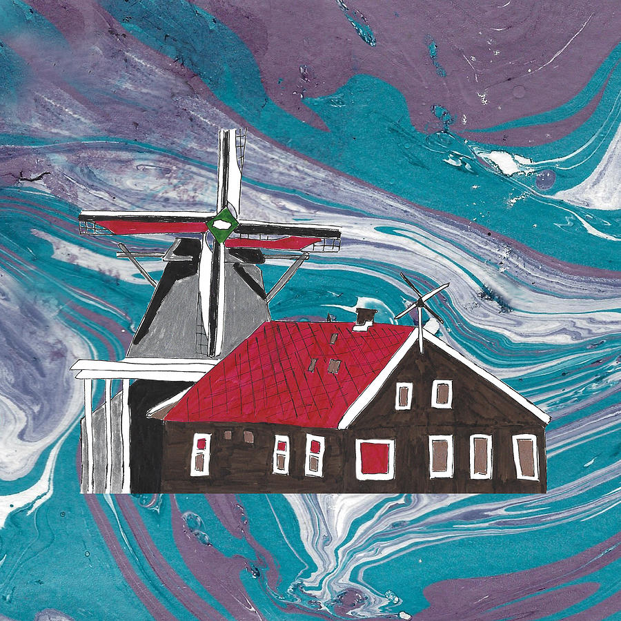 Windmill Amsterdam Skyline Blue and Purple Swirls Background Mixed Media by Ali Baucom