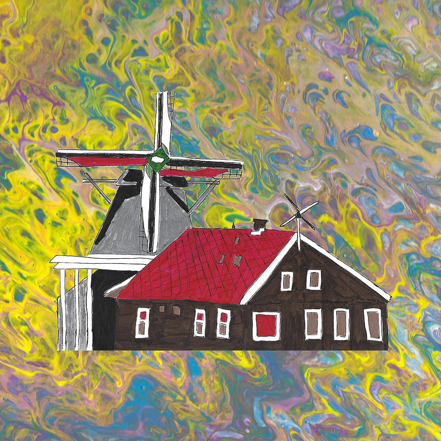Windmill Amsterdam Skyline Yellow Marbled Background Mixed Media by Ali Baucom