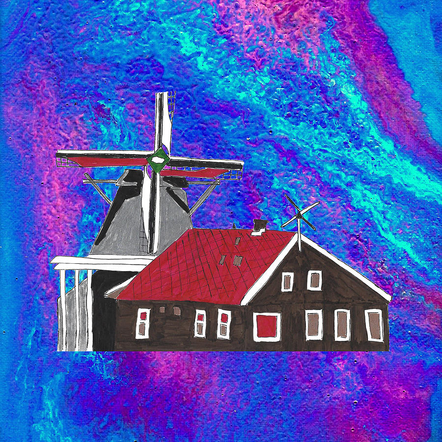 Windmill Amsterdam Skylinee Blue and Purple Marbled Background Mixed Media by Ali Baucom