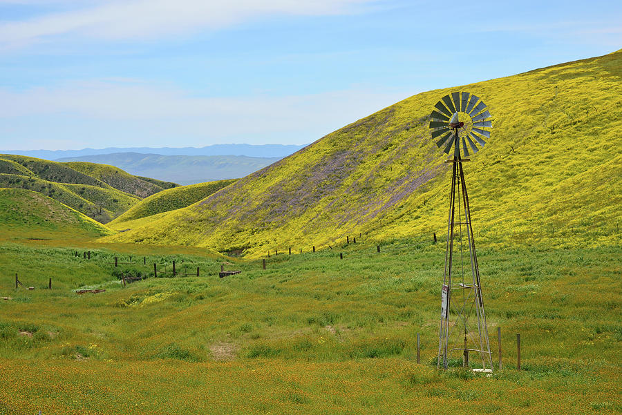 Flower Photograph - Windmill and Golden Hills by Kathy Yates