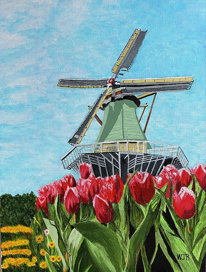 Windmill and Tulips Painting by William Bowers