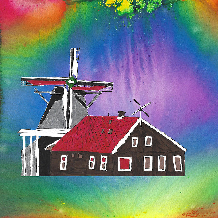 Windmill from an Amsterdam Skyline Polychromatic Background Mixed Media by Ali Baucom