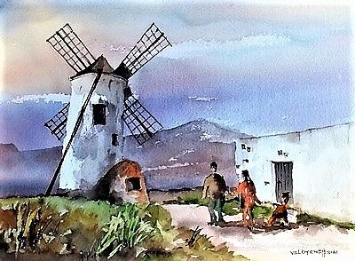 Windmill in Cotillo, Fortaventura. Painting by Val Byrne