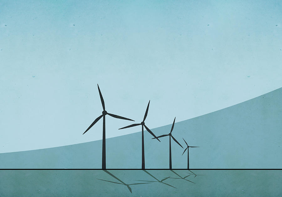 Windmills against blue background Drawing by Malte Mueller