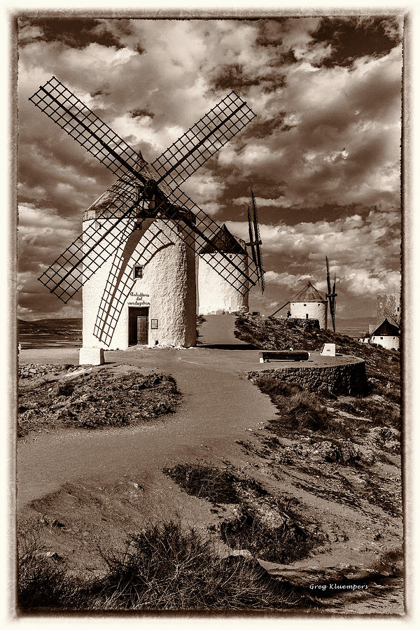 Windmills at Castillo de Consuegra La Mancha Spain_Monotone_GRK2268_02062019 Photograph by Greg Kluempers