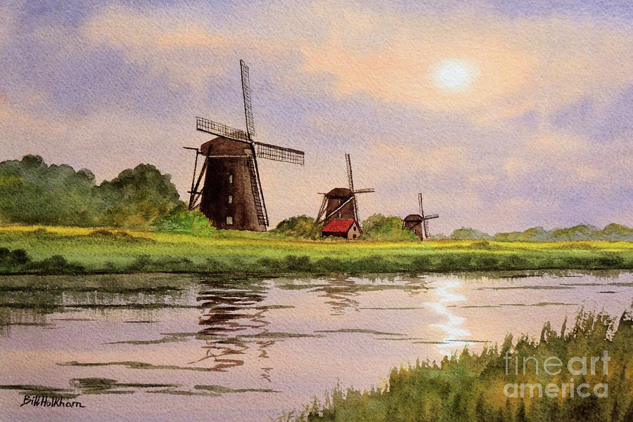 Windmills In The Netherlands Painting by Bill Holkham