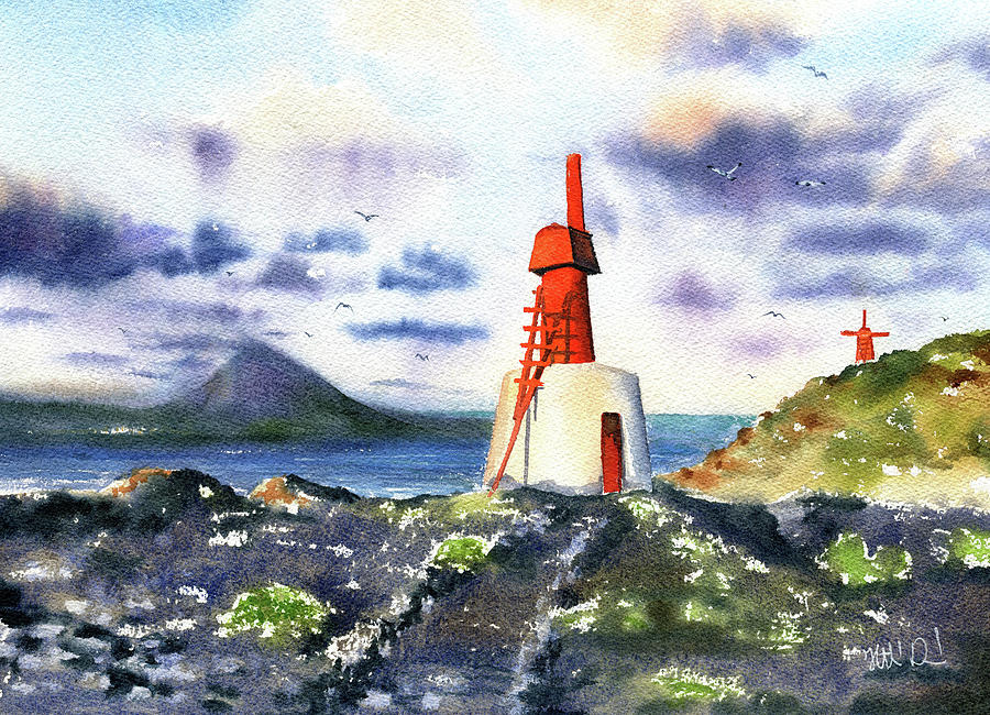 Windmills of Urzelina Azores Sao Jorge Island Painting by Dora Hathazi Mendes