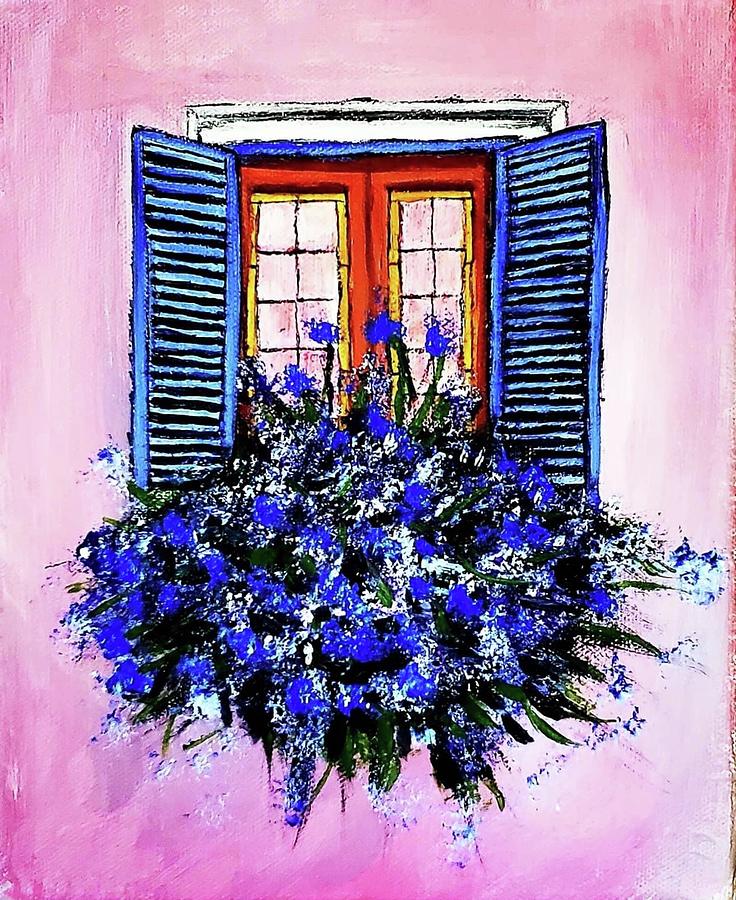 Window Box with Blue Flowers Painting by Amy Kuenzie