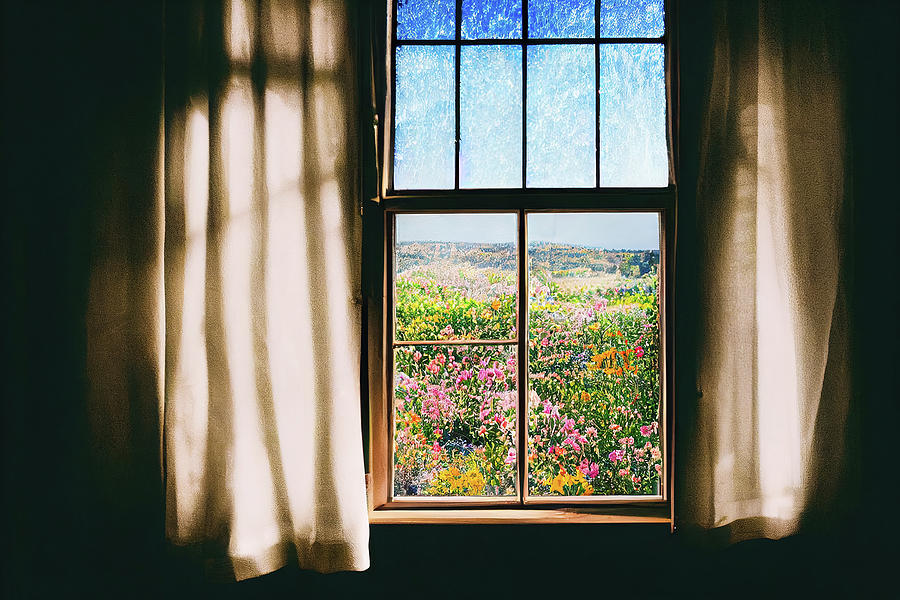 Window Curtains and Flowers outside 01 Digital Art by Matthias Hauser