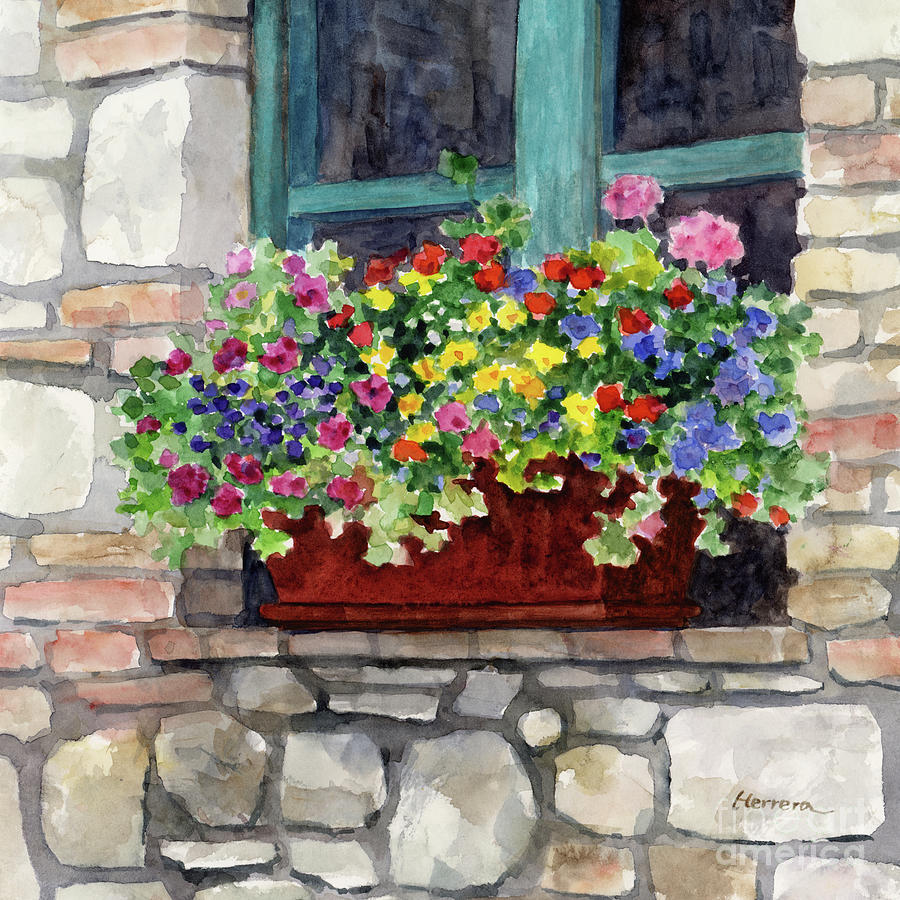 Brick Painting - Window Flower Pot - In Bloom by Hailey E Herrera