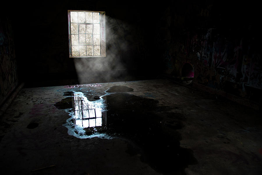 Window Reflected In A Puddle In Abandoned Building Photograph