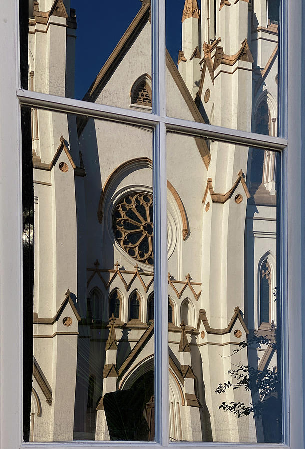 Window Reflecting On St John Cathedral, Savannah, Georgia Photograph by Dawna Moore Photography