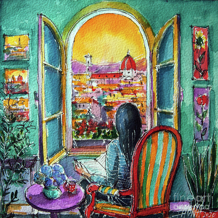 WINDOW TO FIRENZE ROOFTOPS AND DUOMO watercolor painting Mona Edulesco Painting by Mona Edulesco