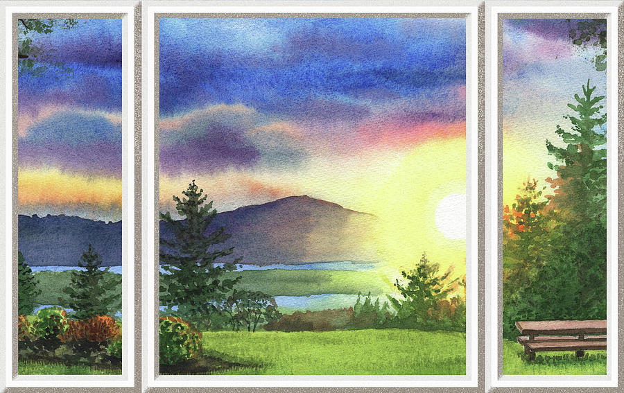 Window View Of A Sunset Meditative Landscape With Calm River Watercolor I Painting by Irina Sztukowski