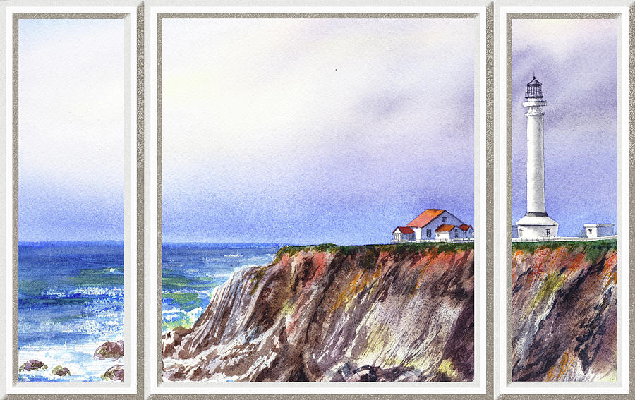 Window View To The Ocean And Lighthouse Painting by Irina Sztukowski
