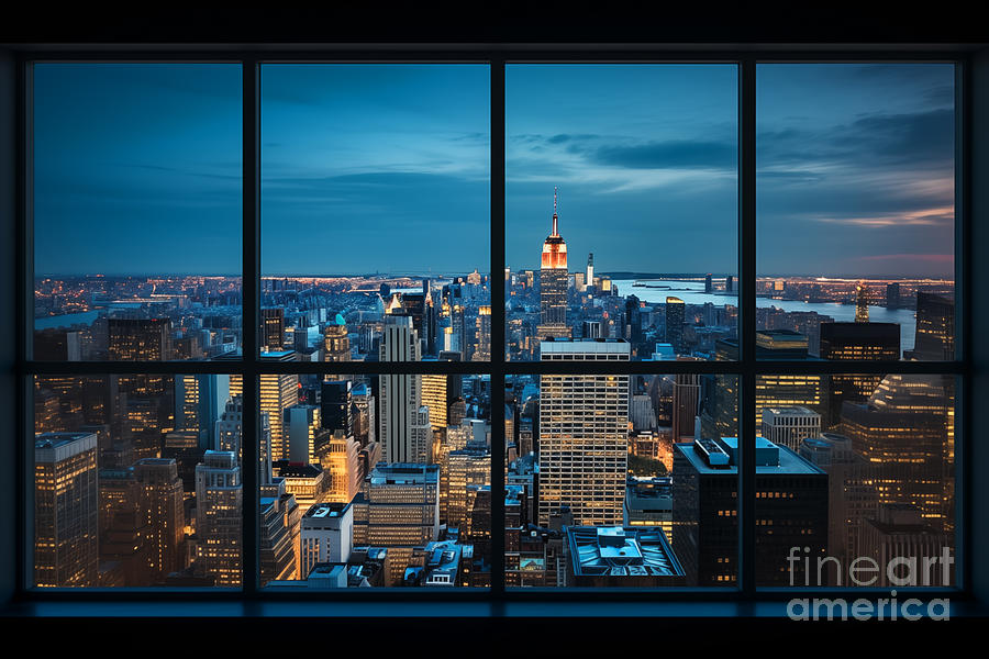 Window with a view, New York skyline at night Digital Art by Delphimages Photo Creations