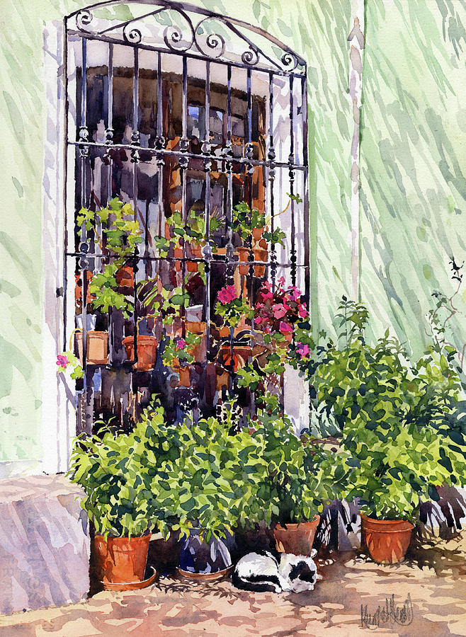 Window with flowerpots and cat, Bentarique. Painting by Margaret Merry