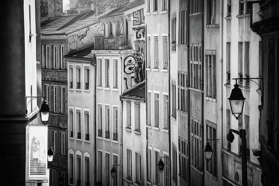 Windows Of Old Lyon France Black And White Photograph