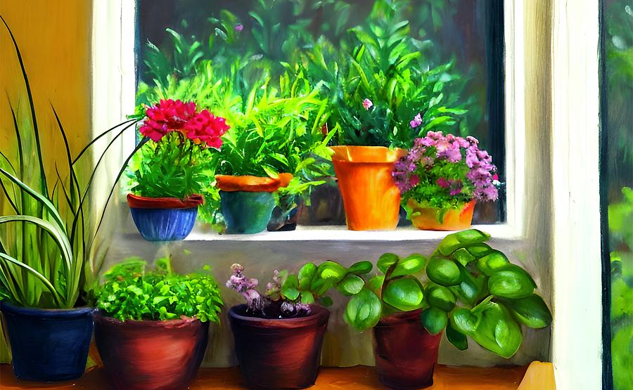 Windowsill Garden III Digital Art by Bonnie Bruno