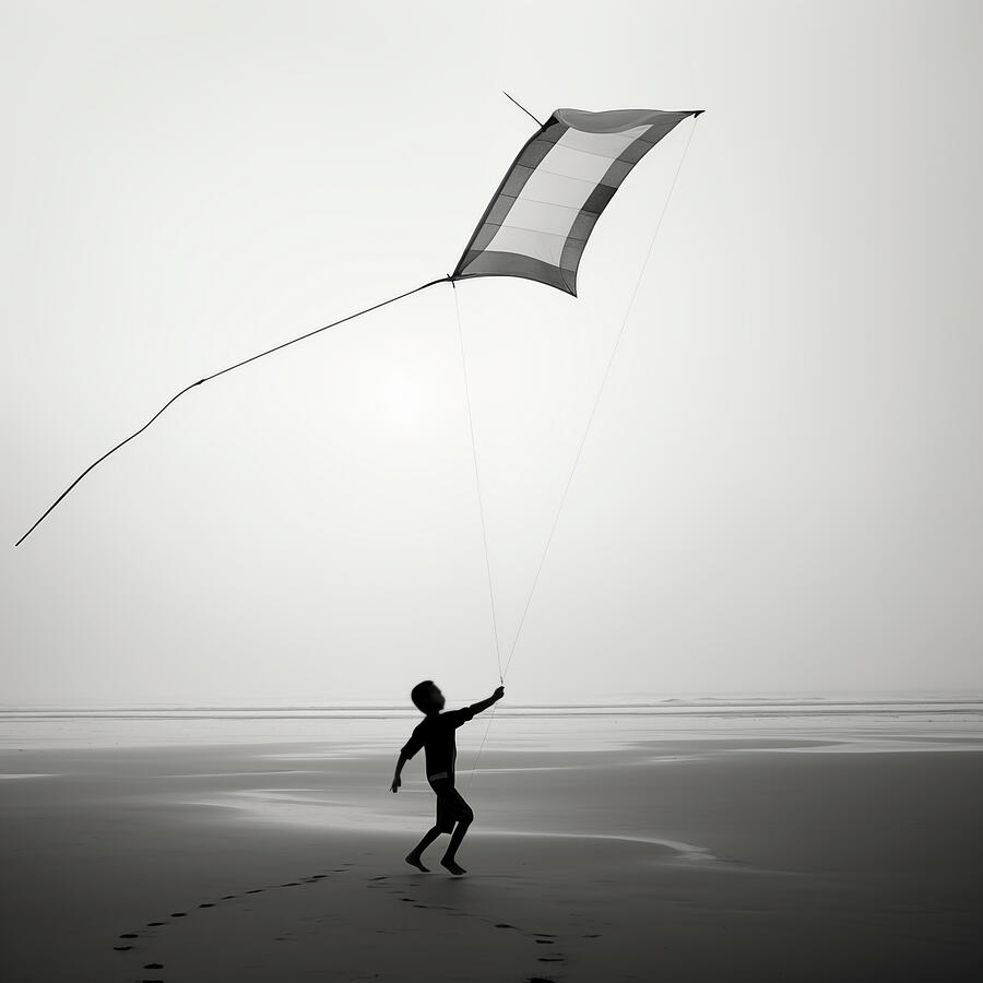 Black And White Digital Art - Windsail on the Beach in Fog by Yo Pedro