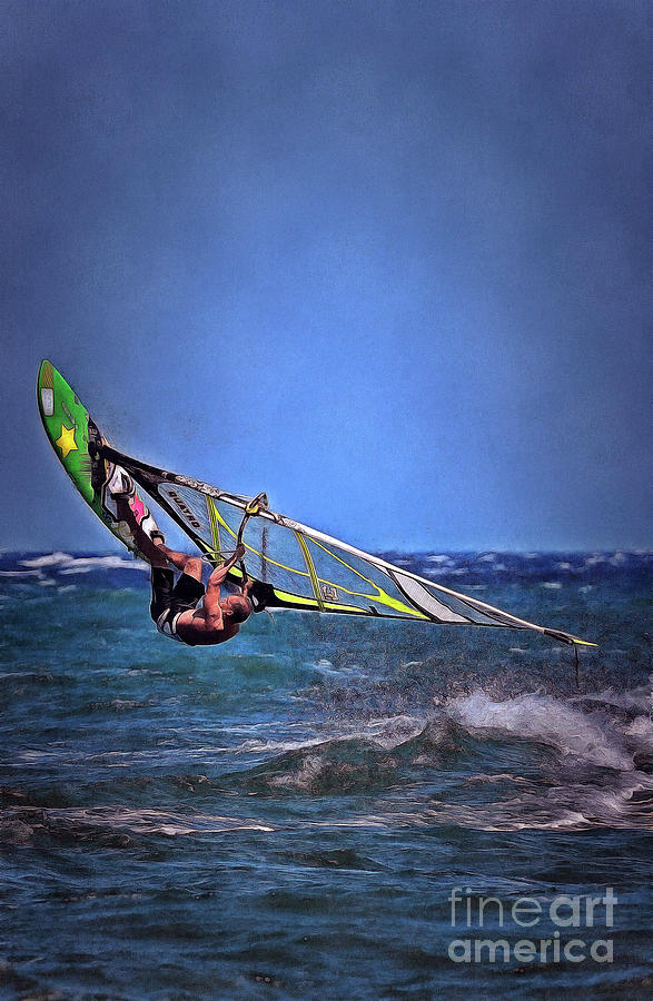Windsurfer in the air Painting by George Atsametakis
