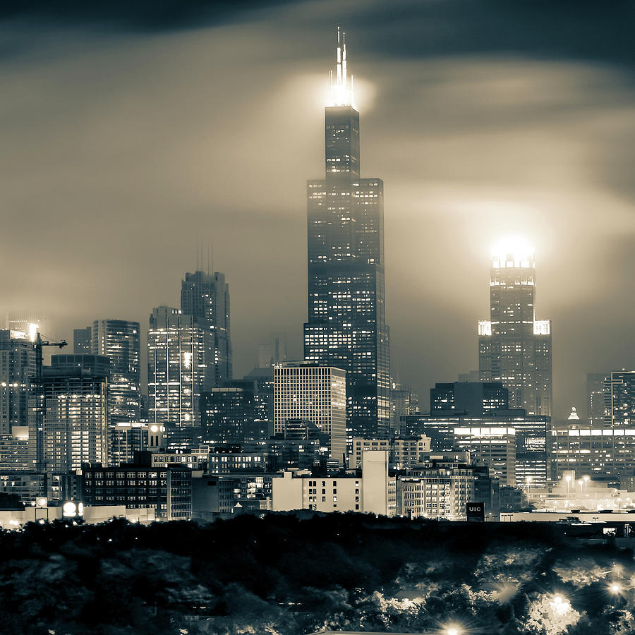 Windy City Skyline in Sepia - Chicago Illinois 1x1 Photograph by Gregory Ballos
