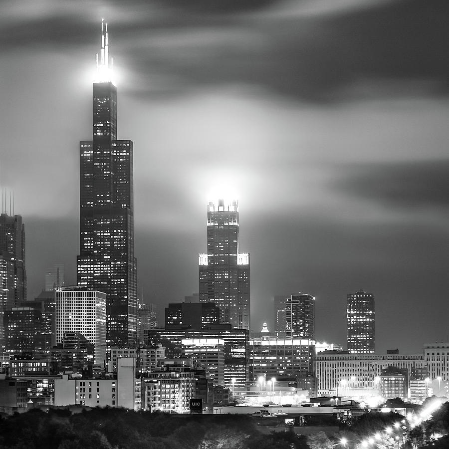 Windy City Skyline Lights - Black And White Photograph by Gregory Ballos