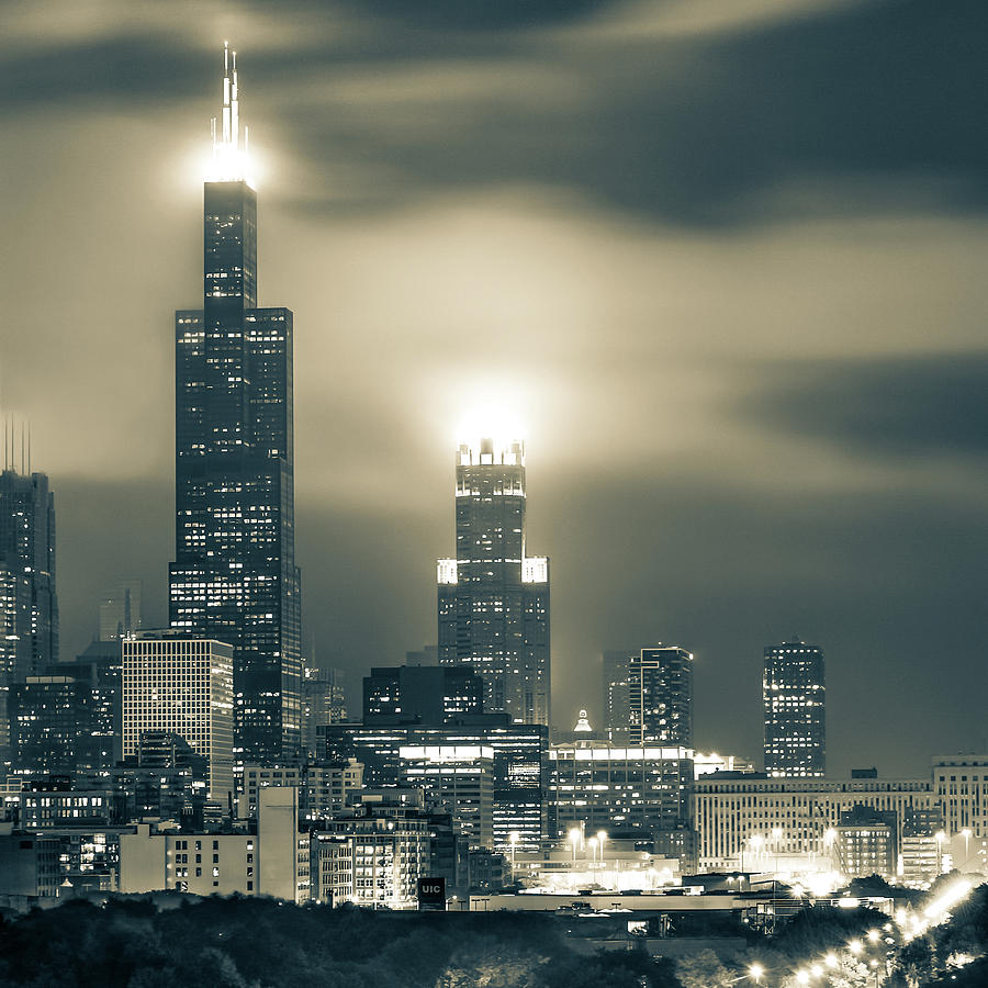 Windy City Skyline Lights - Sepia Edition Photograph by Gregory Ballos