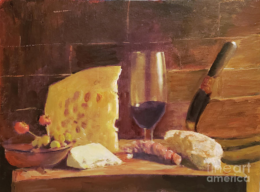 Wine and Cheese Still Life Painting by Donna Walsh