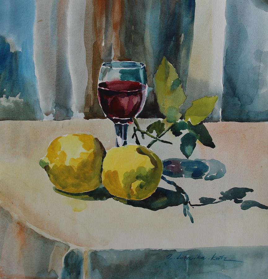 Wine and lemons Painting by Anna Lobovikov-Katz