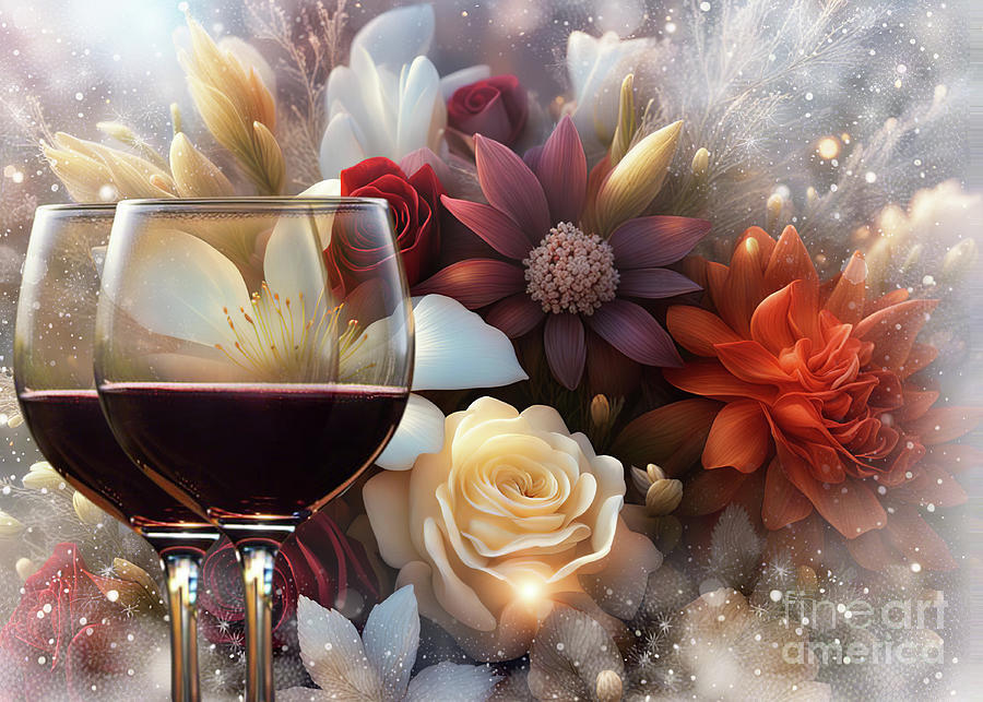Wine and Winter Flowers Mixed Media by Stephanie Laird