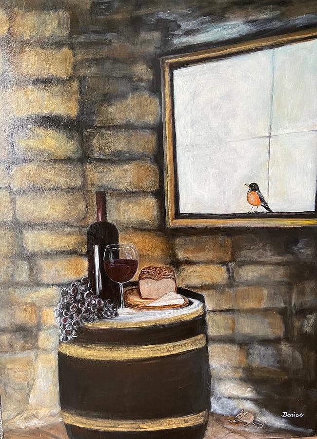 Wine Barrel and Bird Painting by Denice Palanuk Wilson
