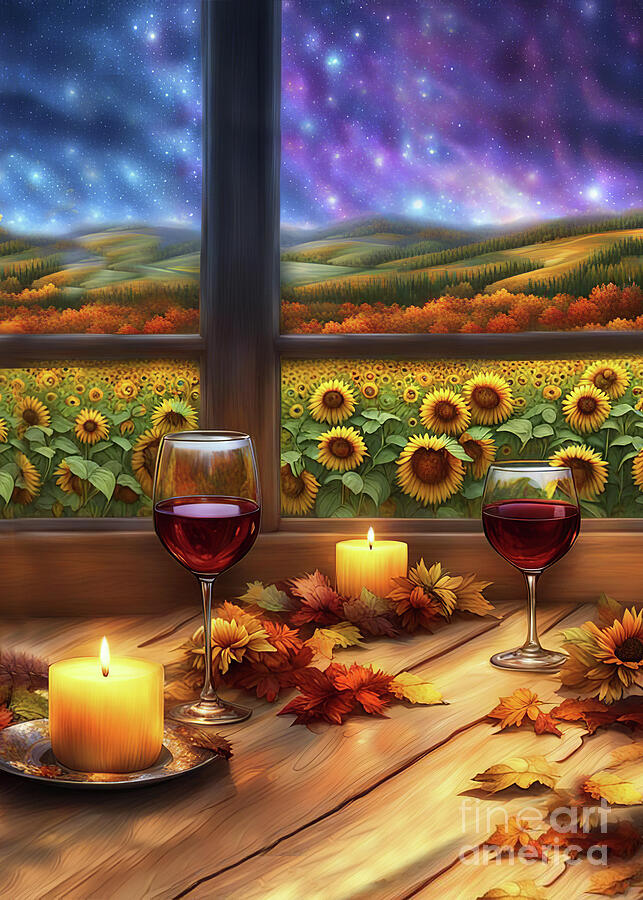 Wine Candles Sunflowers Autumn with Stars and Fall Leaves Fantasy Mixed Media by Stephanie Laird