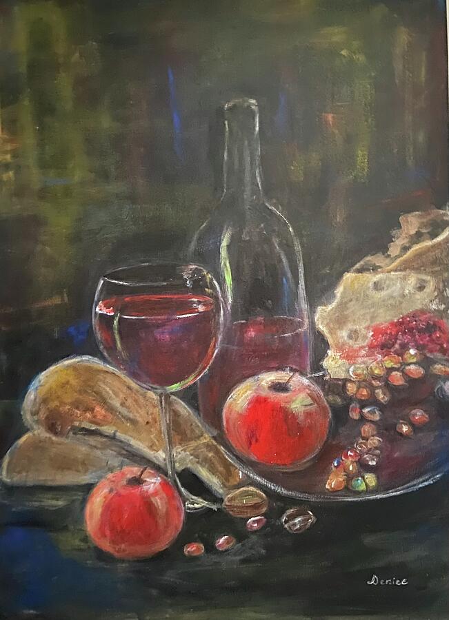 Wine, Cheese and Fruit Painting by Denice Palanuk Wilson