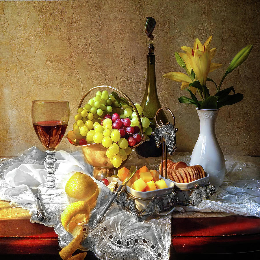 Wine Cheese and Grapes Still Life Photograph by Lily Malor