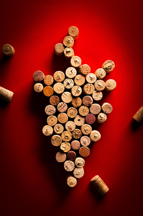 Wine corks arranged in a grapes shape on red background Photograph by Domin_domin
