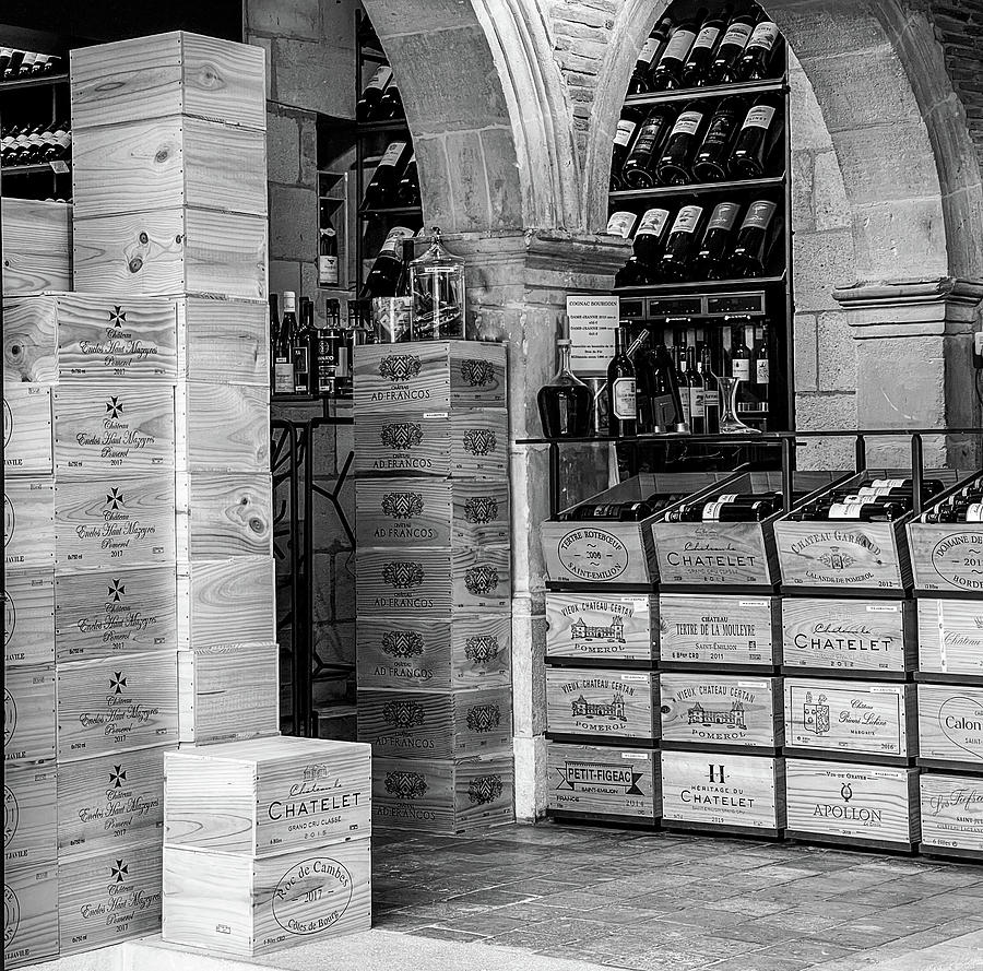 Wine Crates in a Bordeaux Wine Shop - Mono Photograph by Georgia Clare