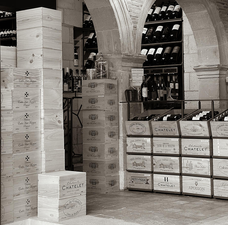 Wine Crates in a Bordeaux Wine Shop - Sepia Photograph by Georgia Clare