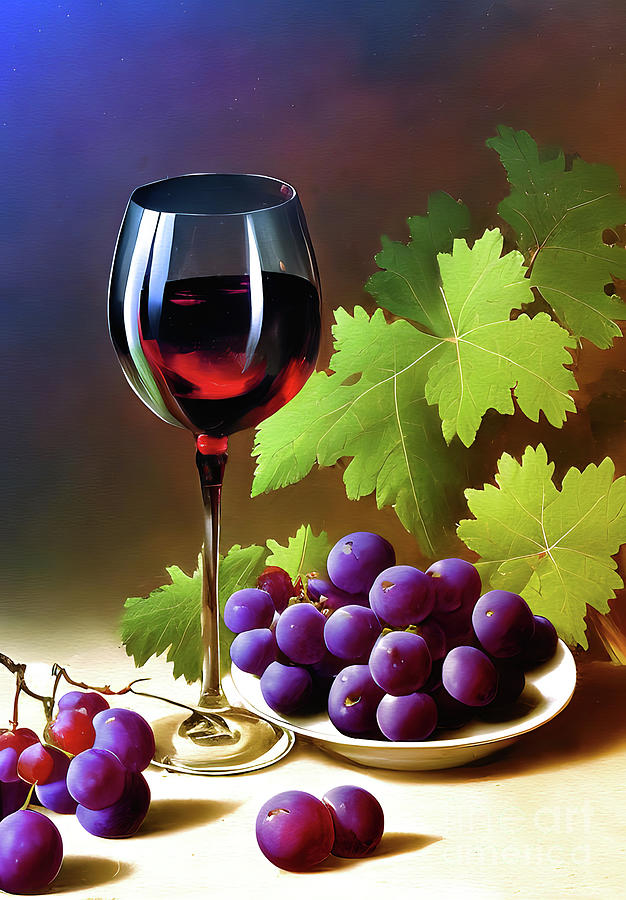 Wine Glass and Grapes  Digital Art by Elaine Manley