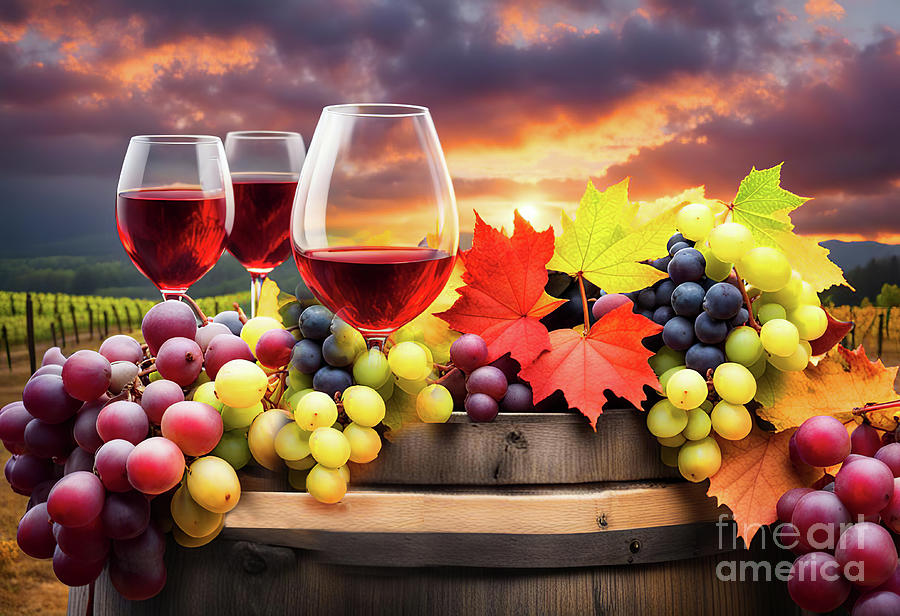 Wine Grapes All Colors Vineyard and Barrel Fall and Sunset Mixed Media by Stephanie Laird
