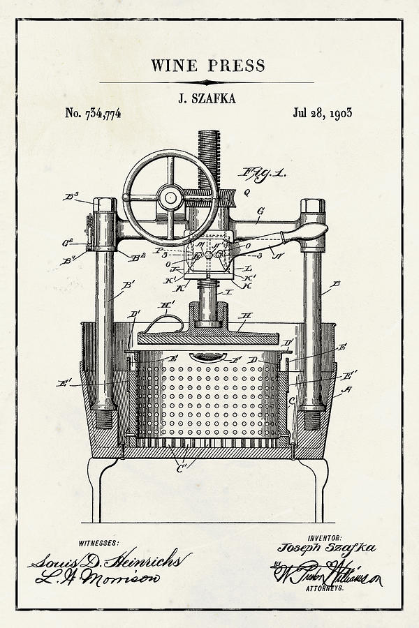 Wine Press Blueprint Patent on Ivory Paper Wine Patent Art by Florian Rodarte Wine Press Blueprint Patent on Ivory Paper Wine Patent Art by Florian Rodarte