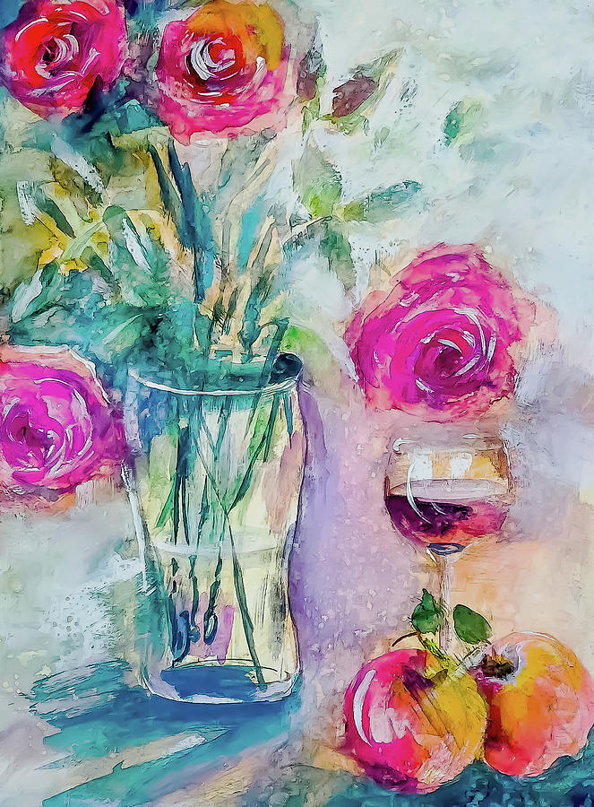 Wine Roses And Apples Watercolor Painting by Lisa Kaiser