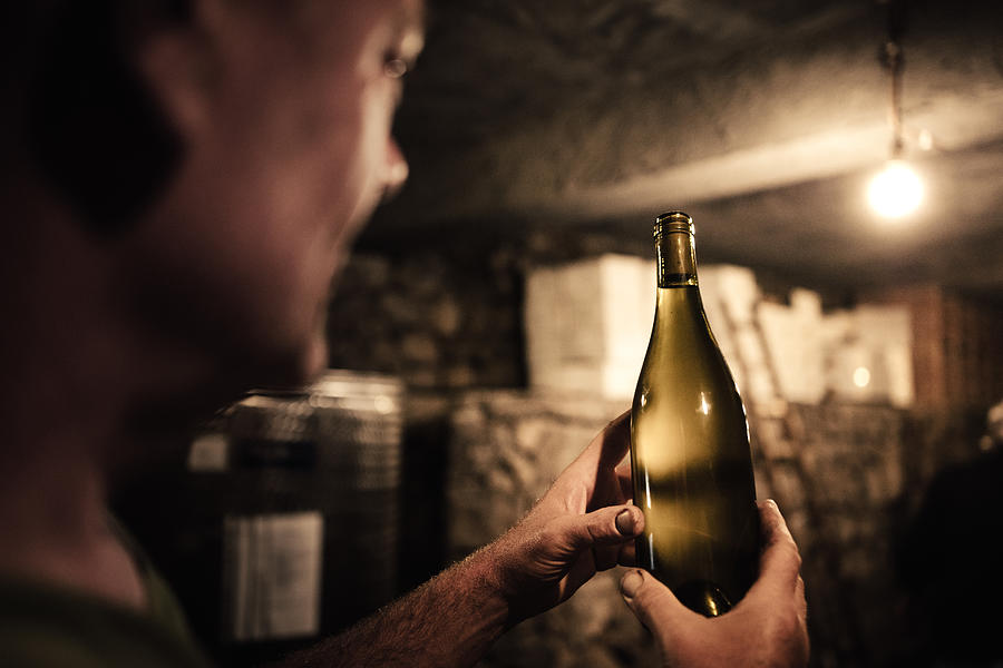 Winemaker gazing at wine bottle in cellar Photograph by Heshphoto