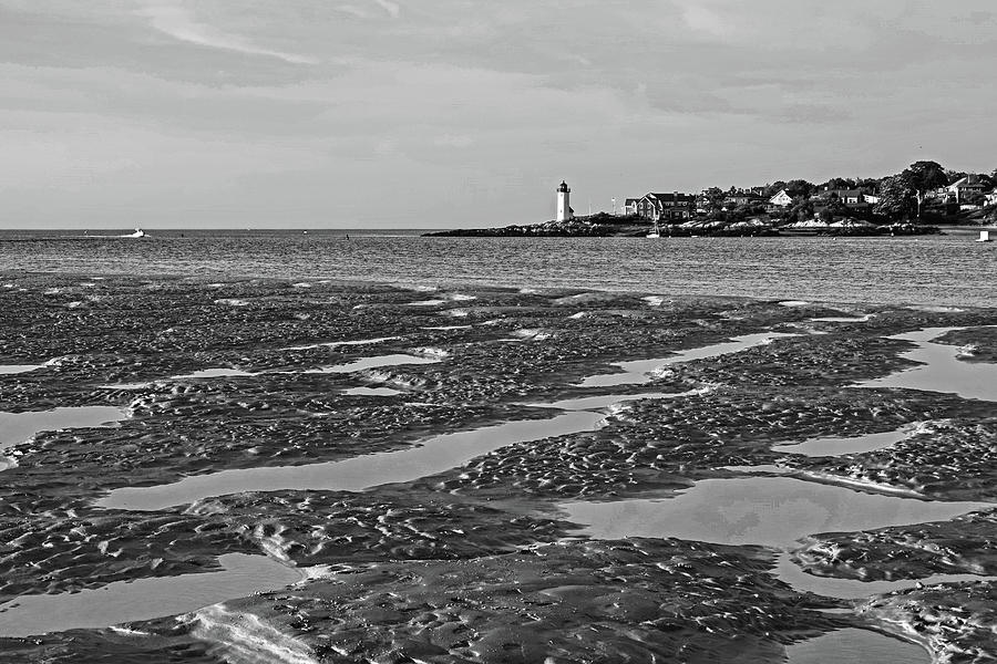 Wingaersheek Beach Sand Patterns Gloucester MA Annisquam Lighthouse Sand Bar Pools Black and White Photograph by Toby McGuire