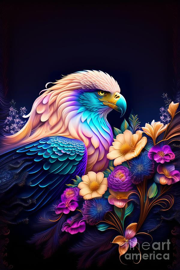 Winged Beauty - An Eagle Framed By Detailed Vector Flowers Mixed Media 